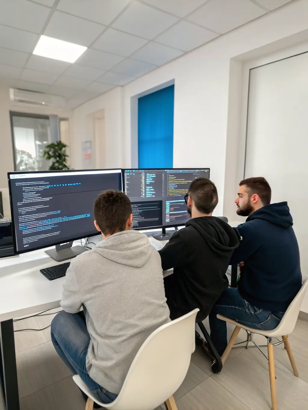 An image of developers collaborating over code on multiple screens in a modern office environment, representing NextOrbit's expertise in custom software development.