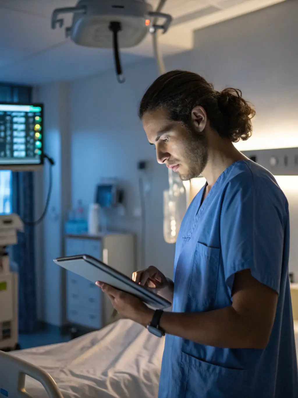 A tablet displaying a healthcare application developed by NextOrbit, showing patient data, medical records, and a video consultation interface.
