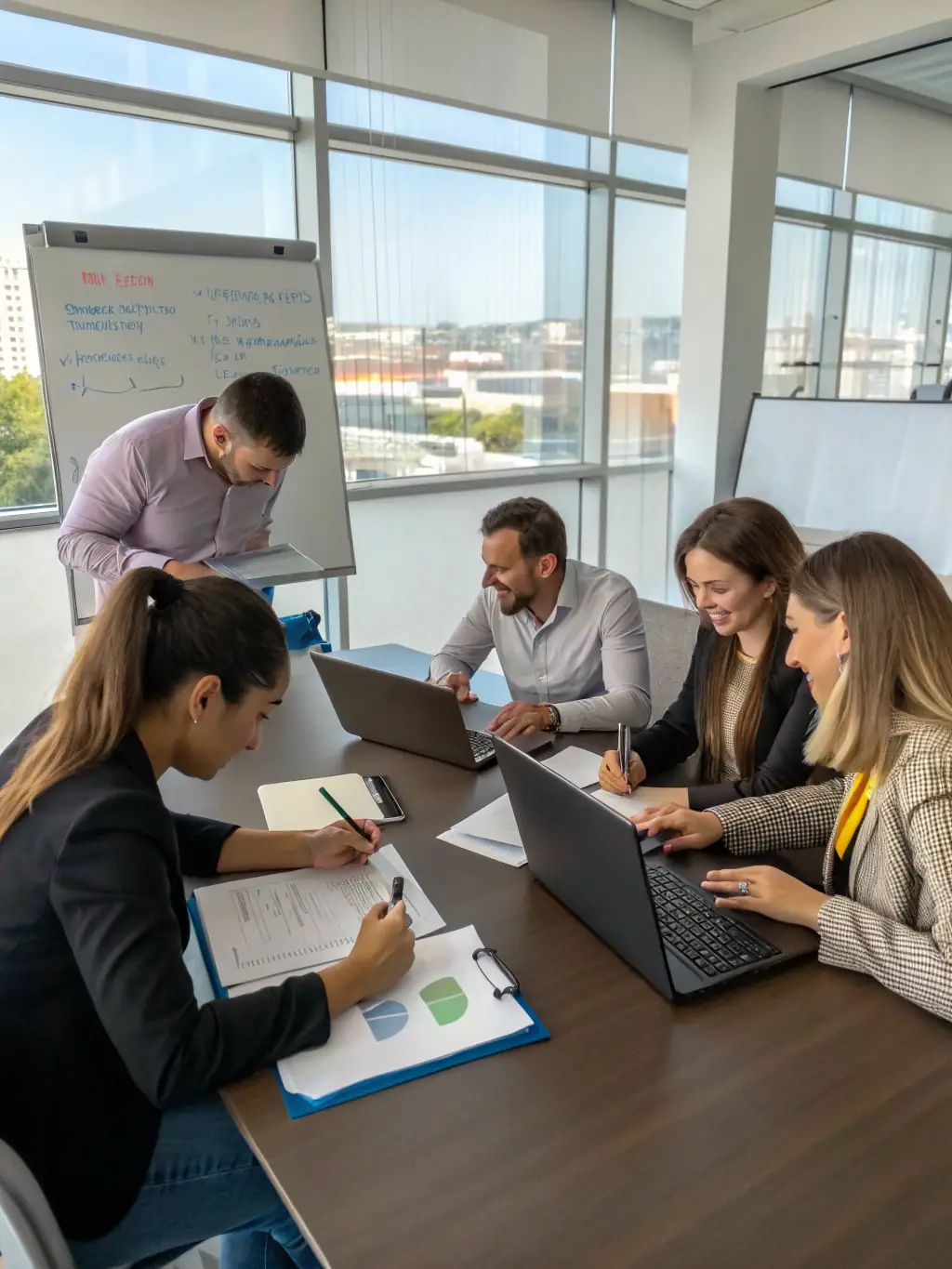 A diverse team of software engineers and project managers brainstorming solutions in a brightly lit, modern office, symbolizing NextOrbit's collaborative approach.