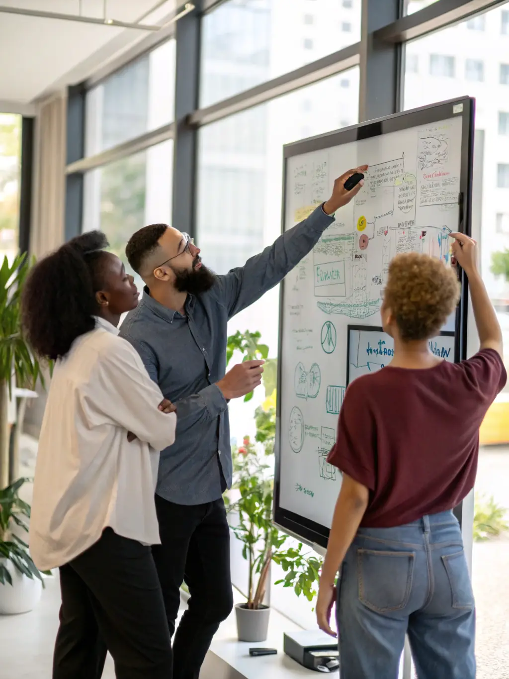 A diverse team of software engineers brainstorming ideas on a whiteboard in a brightly lit office, symbolizing NextOrbit's collaborative approach to software solutions.